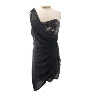 Fredericks of Hollywood Black Sequin One Shoulder Chiffon Cocktail Mini Dress XL